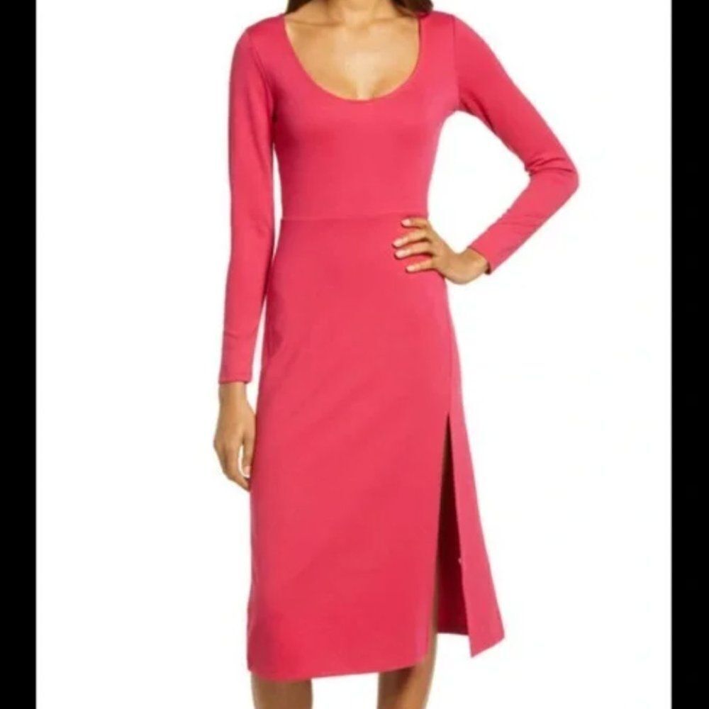Leith Dress Long Sleeve Midi Pink Slit Cocktail Casual Neutral Trendy